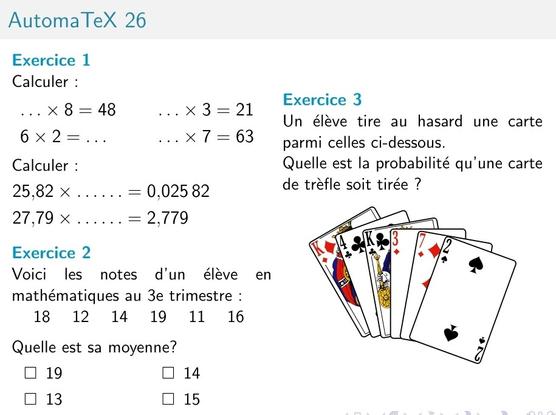 Copie d'écran d'anatomatisme avec des calculs sur les nombres décimaux, un exercice sur le calcul de moyenne, un exercice probabilité avec un jeu de cartes.