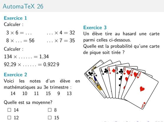 Copie d'écran d'anatomatisme avec des calculs sur les nombres décimaux, un exercice sur le calcul de moyenne, un exercice probabilité avec un jeu de cartes.
