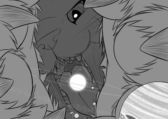 An extreme perspective shot shown from Jupiter with it's moons in the foreground, looking towards the inner planets and the sun. Fang's giant paws are curled around everything and his face fills the background, ready to slurp it all up.
