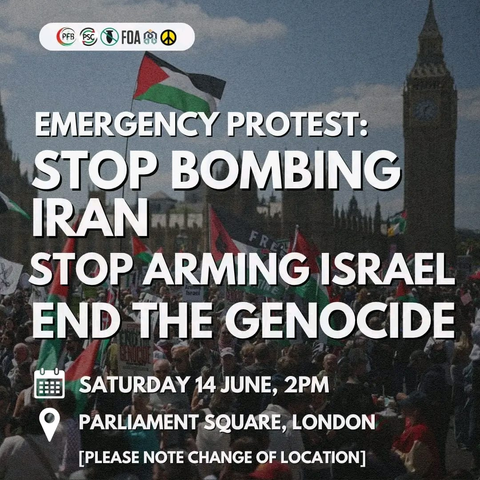 A picture with words. It says what I put in the main post. 

Stop Bombing Iran, Stop Arming Israel, End the Genocide