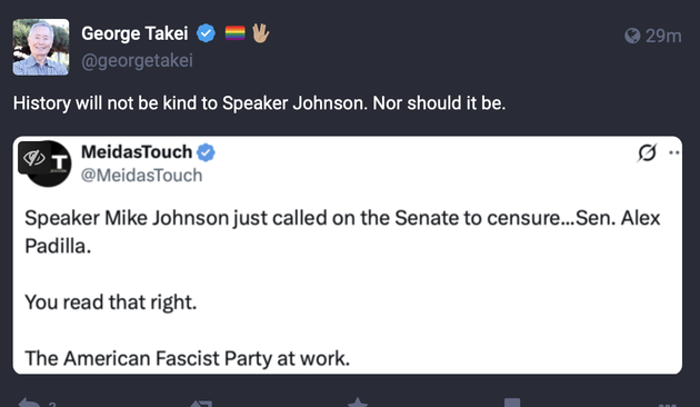 MeidasTouch reporting that Speaker Mike Johnson called on the Senate to censure Senator Alex Padilla