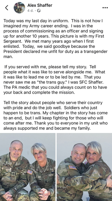 Screenshot of a post by a trans military man that lost his job in the US army. Pictured at the bottom with his superior officer.