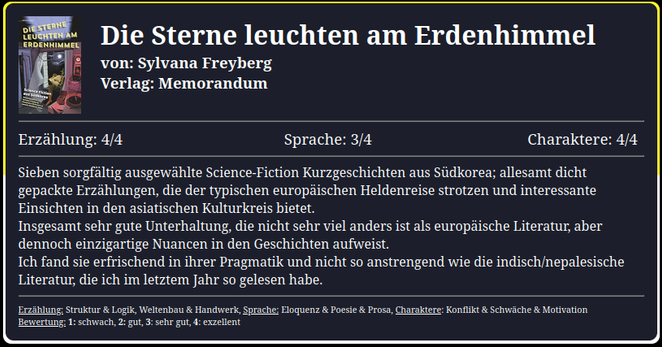 Sieben sorgfältig ausgewählte Science-Fiction Kurzgeschichten aus Südkorea; allesamt dicht gepackte Erzählungen, die der typischen europäischen Heldenreise strotzen und interessante Einsichten in den asiatischen Kulturkreis bietet.
Insgesamt sehr gute Unterhaltung, die nicht sehr viel anders ist als europäische Literatur, aber dennoch einzigartige Nuancen in den Geschichten aufweist.
Ich fand sie erfrischend in ihrer Pragmatik und nicht so anstrengend wie die indisch/nepalesische Literatur, die ich im letztem Jahr so gelesen habe.