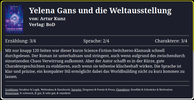 Mit nur knapp 120 Seiten war dieser kurze Science-Fiction-Switcheroo-Klamauk schnell durchgelesen. Der Roman ist unterhaltsam und stringent, auch wenn aufgrund des zwischendurch einsetzenden Chaos Verwirrung aufkommt. Aber der Autor schafft es in der Kürze, gute Charaktergeschichten zu etablieren, auch wenn sie teilweise klischeehaft wirken. Die Sprache ist klar und präzise, ein kompakter Stil ermöglicht dabei das Worldbuilding nicht zu kurz kommen zu lassen.