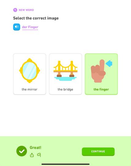 Duolingo German question.

Select the correct image.

German word: der Finger

[picture of a mirror]

[picture of a bridge]

[picture of a hand with one finger extended] - highlighted as the correct answer