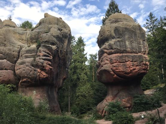 Der Kelchstein (rechts) ist ein 17 Meter hoher Felsen in Pilzform. Er besteht aus rötlich-braunem Sandstein und zeigt Spuren starker Verwitterung. Links davon steht der „Kelchsteinwächter“, der beinahe spiegelbildlich aussieht, aber in eine größere Formation eingebettet ist. Zwischen den beiden Felsen verläuft ein Weg. Im Vordergrund befinden sich vereinzelt grüne Sträucher. Im Hintergrund Mischbewaldung.
