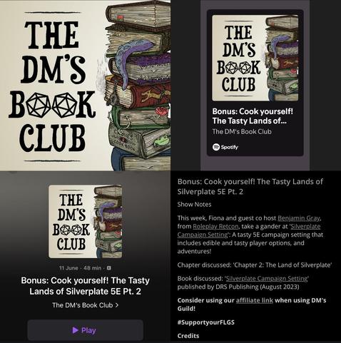 Social graphic composed of screenshots showing the latest episode of The DM’s Book Club being out on podcast platforms.