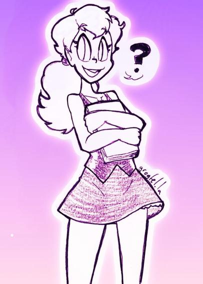 A pencil sketch of Natasha by Grog(fella) wearing her trademark vest and skirt holding a book to her chest. She's smiling and saying "?" The has an appropriately purple tint and a purple gradient background.
