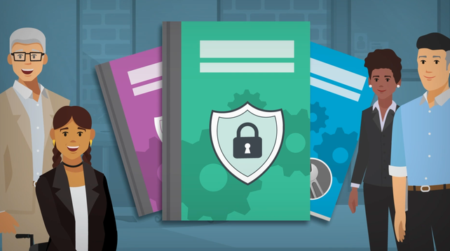 various people smiling in front of journal books with security badges on them