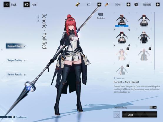 A screenshot of character Vera from Punishing Gray Raven.
She's a young woman with light skin and shoulder length red hair, tied back in a high pony.
She's wearing a white uniform skirt with black, thigh-high riding boots.
And she's holding a long, black spear about twice her height.