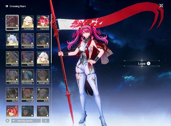 A screenshot of Lupa from Wuthering Waves.
She's a young woman with light skin and long magenta hair tied in twin tails.  She wears a form fitting white body suit and thigh high white riding boots.
She holds a long red spear with a banner depicting a graphic of a three-headed dog.