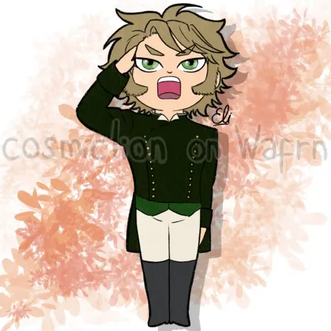 Digital flat color illustration of Wolfram Gelzer from Black Butler, drawn in chibi style. He is saluting with a solemn expression. The background is white with a floral pattern in orange tones.