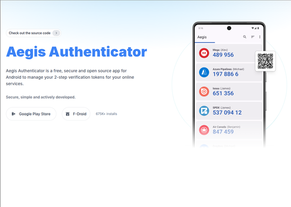 Screenshot of the Aegis Authenticator website reading "Aegis Authenticator is a free, secure and open source app for Android to manage your 2-step verification tokens for your online services." and a picture of their UI on an Android phone (the only platform they support).