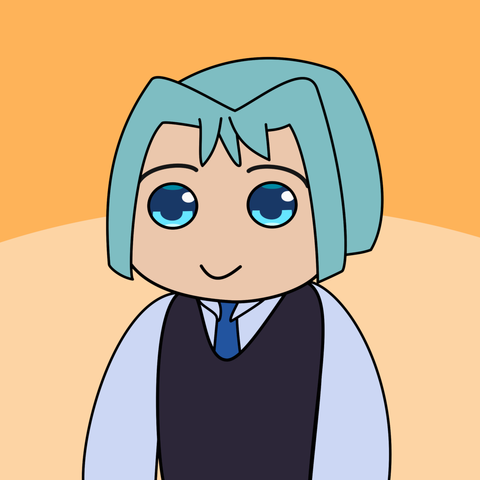 A picture of Winward: he has long blue hair, blue eyes, and is wearing a sweater-vest with a suit and tie.
