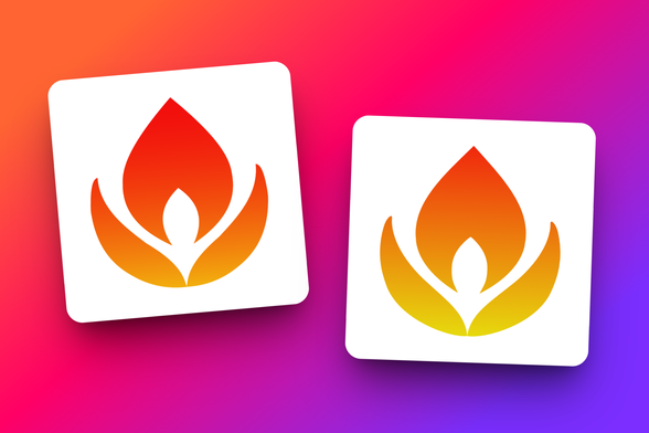 Two square app icons are displayed side by side on a vibrant pink-orange gradient background. On the left is the current icon for the Spark habit tracker app, featuring a stylized flame with a red-to-yellow gradient, where the flame and its base are slightly asymmetrical. On the right is an updated version of the same icon, now more symmetrical and featuring a smoother, subtly different red-to-yellow gradient.