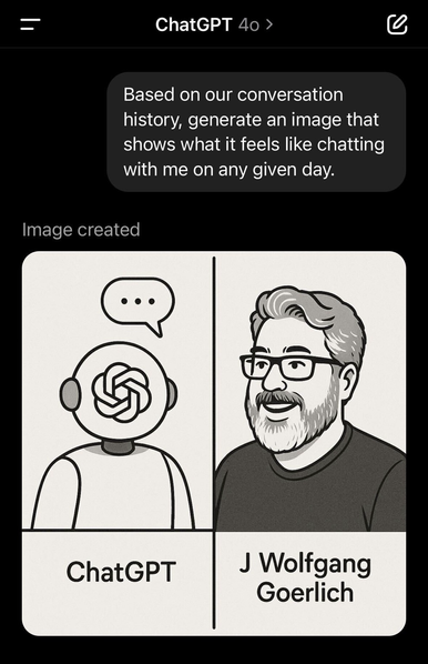 Based on our conversation history, generate an image that shows what it feels like chatting with me on any given day.