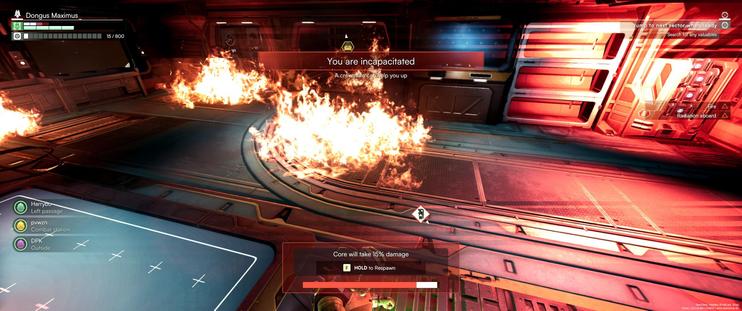 Query riuscita

This screenshot from Jump Ship shows a player character who has been incapacitated, as indicated by the "You are incapacitated" message at the top of the screen. The environment appears to be an interior of a spaceship or station, with several fires burning on the ground.