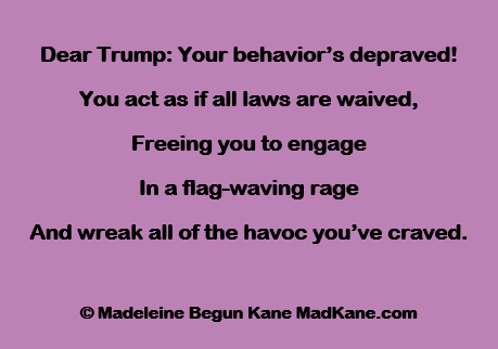 Dear Trump: Your behavior’s depraved!
You act as if all laws are waived,
Freeing you to engage
In a flag-waving rage
And wreak all of the havoc you’ve craved.

© Madeleine Begun Kane MadKane.com