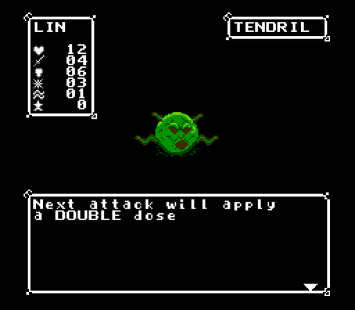 Battle scene from Even Goblins Fall In Love, an 8-bit NES JRPG. Player is in battle with a green rock-like enemy called Tendril. On-screen text says: "Next attack will apply a DOUBLE dose"