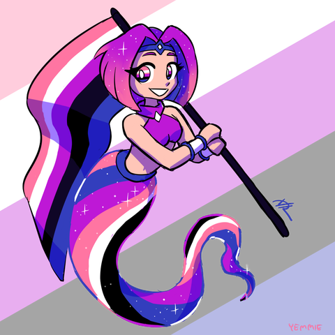 a genie in genderfluid flag colors holding a genderfluid pride flag