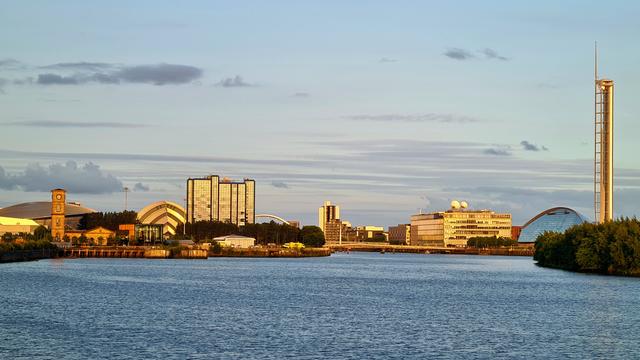 A view up the Clyde towards the modern buildings of Glasgow's waterfront.