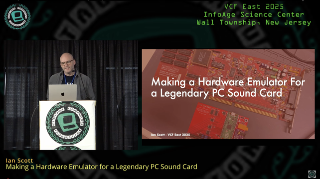 Screenshot from a video showing me on stage behind a lectern, showing a slide titled "Making a Hardware Emulator For a Legendary PC Sound Card"