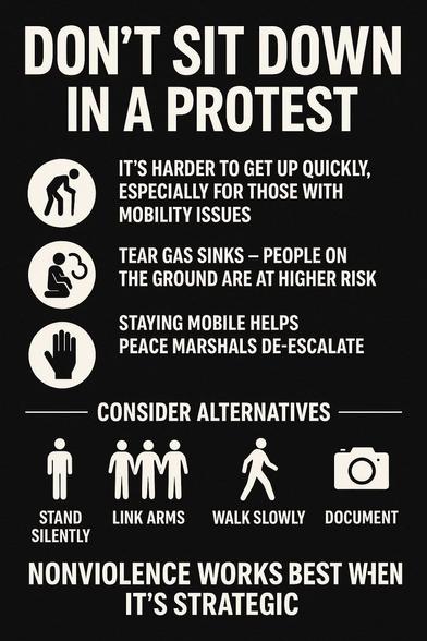 Do NOT sit down at protests in response to agitators, it can get you seriously hurt or arrested. STAY MOBILE