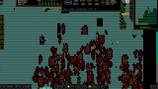A screenshot of Dwarf Fortress. We are a couple of z-levels above ground, looking at a curious arrangement of ramps and minecart tracks.