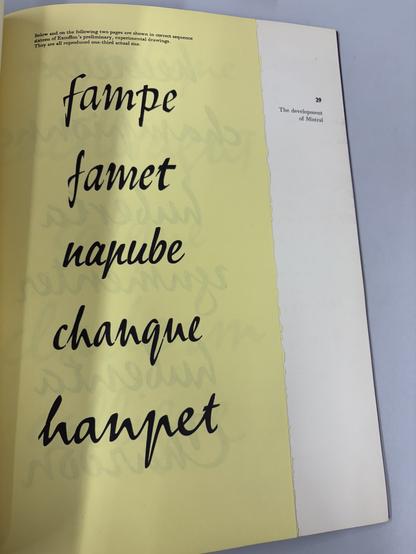 Photo of a page from a magazine showing five words in handwritten style. The caption reads, “Below and on the following two pages are shown in correct sequence sixteen of Excoffon's preliminary, experimental drawings. They are all reproduced one-third actual size.”