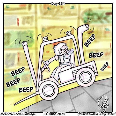 Drawing of Darlo reversing a forklift truck in a warehouse up an incline.