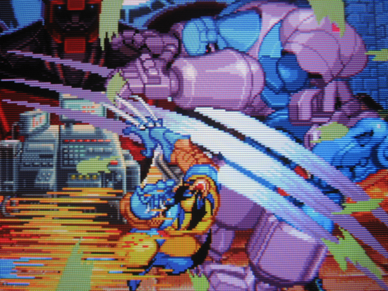Wolverine unleashes a barrage of claw swipes on a sentinel so furiously that his body twists inhumanly in the assault. He's completely unhinged.