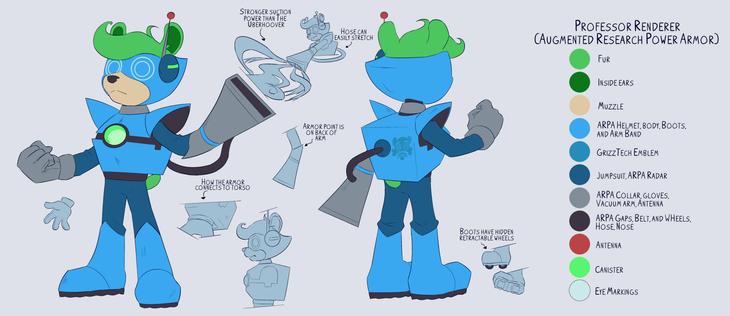 A reference sheet of Professor Renderer in a power suit, named Augmented Research Power Armor.