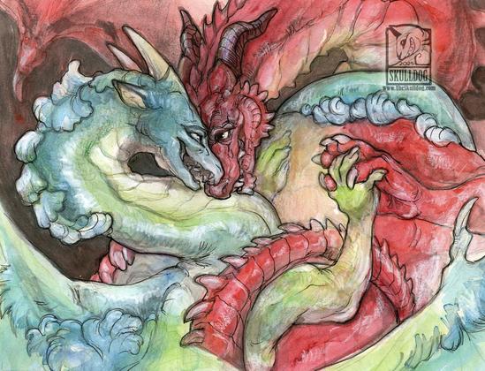 A pair of dragons intertwined, one teal and one red, both hold hands and press faces together.