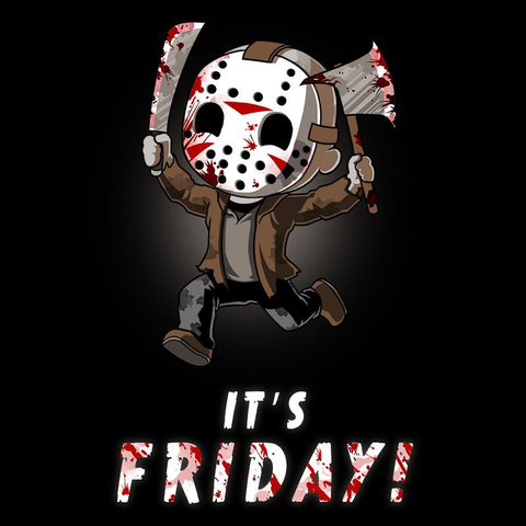 Cartoon image of Jason Vorhees from Friday the 13th, wearing a bloody hockey mask and frolicking with a bloody machete in one hand and bloody axe in the other.