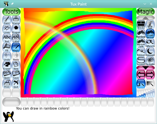 Screenshot of Tux Paint with a saturated rainbow-colored gradient background, a solid 6-colored rainbow arc, a photo-realistic rainbow arc, outlined by a rainbow-colored gradient brushstroke.