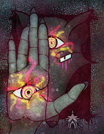 Full-Color Illustration: A wolf's head facing the viewer, suspended in a black box. Its humanoid hand ascends from bottom frame, positioned palm-up and in front of the head to obscure the left side of the face. The eye in the middle of its forehead is double the size, pink spiraling clockwise against a yellow iris; tucked between the folds of its palm is another eye with a counterclockwise swirl. They both emit bolts of pink and yellow magic. Its right eye is comparatively plain, with pink lines descending vertically from its lower lid. The piece is inspired by tarot cards and overlaid with a TCG-style holographic shininess.