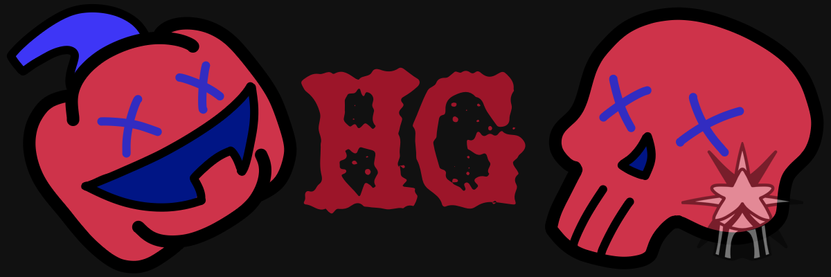 Webpage Banner: A pumpkin and a skull facing each other, in a creepy-cute style and color palette inspired Dario Argento's movie Suspiria (1977): red bases, blue accents [pumpkin's stem and mouth, skull's nasal cavity; both their eyes, which are X's.] In between them are the letters "HG" in red.