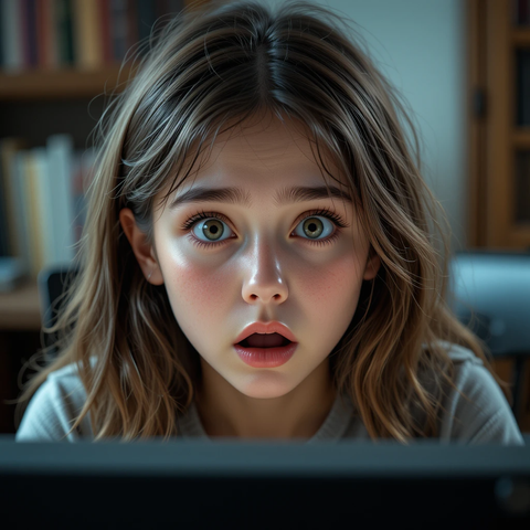 Una joven con cabello castaño claro y ojos grandes muestra una expresión de sorpresa y preocupación mientras mira una pantalla de computadora.