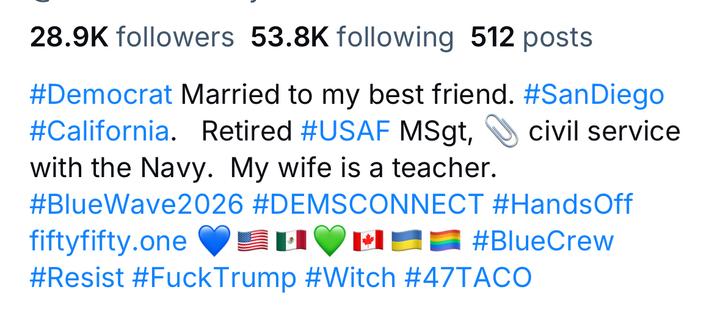 28.9K followers 53.8K following 512 posts
#Democrat Married to my best friend. #SanDiego #California. Retired #USAF MSgt, U civil service with the Navy. My wife is a teacher.
#BlueWave2026 #DEMSCONNECT #HandsOff
fiftyfifty.one
HOME• #BlueCrew
#Resist #FuckTrump #Witch #47TACO