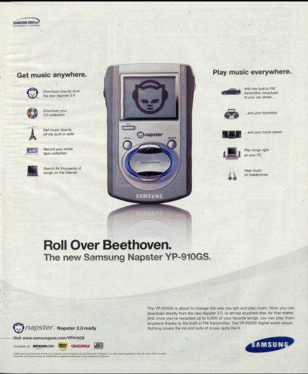 Anuncio vintage de un reproductor MP3 Samsung YP-910GS con soporte para Napster 2.0, publicado en la revista Rolling Stone en 2003.