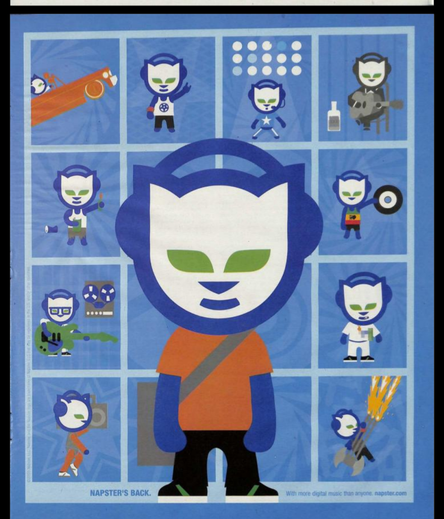 Anuncio retro de Napster con arte gráfico colorido y personajes animados en un diseño de cuadrícula, destacando la frase 'Napster's Back' y promoviendo acceso a música digital.