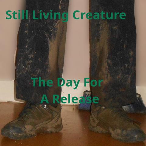 the album The Day For A Release by Still Living Creature cover art : showing the bottom of the trouser's legs, and hiking shoes, from someone, covered with mud.