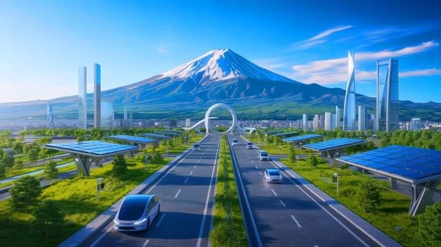 Illustration of Woven City at the base of Mount Fuji, showcasing autonomous systems and sustainable infrastructure. Image generated by AI.