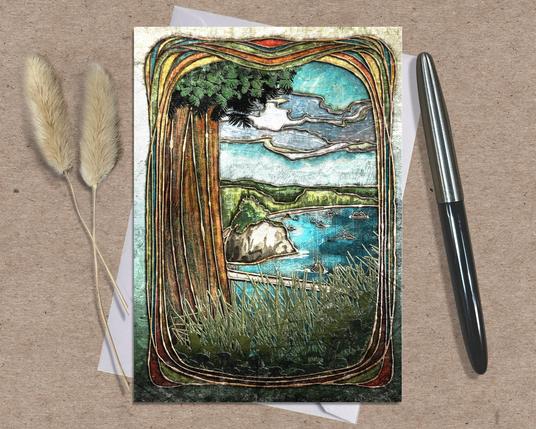 Product photograph of an illustrated greeting card featuring elements referencing the Humboldt County region. Done in a heavily textured Art Nouveau style, it features teal, brown, and green colors, as well as an ocean coast and a giant redwood tree.