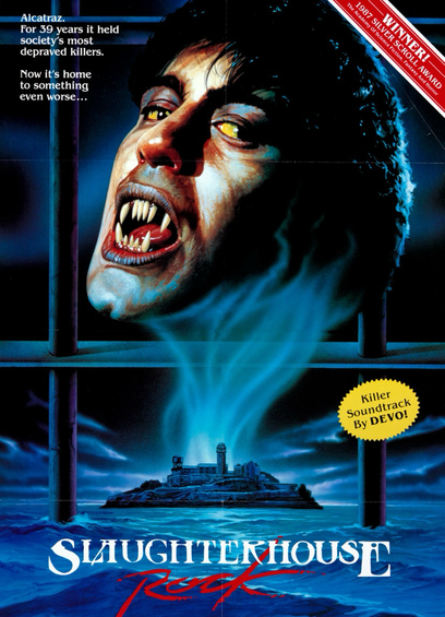Movie poster for “slaughterhouse rock” 80s horror movie with a vampire ish creature guy