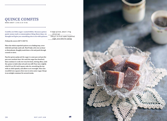 The recipe for quince comfits, with a pic of delicious looking squares rolled in sugar with 2 cups filled with coffee.