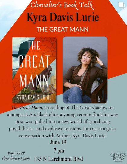 Poster for Chevalier’s THE GREAT MANN book event on June 19th, 7pm. address: 133 N Larchmont Blvd