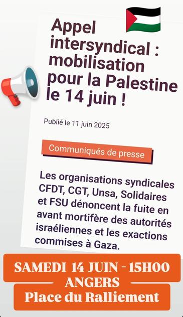 Appel intersyndical : mobilisation pour la Palestine le 14 juin (communiqué de presse)