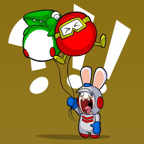 A Rabbid resembling Dig Dug is holding two balloons resembling Fygar and Pooka.