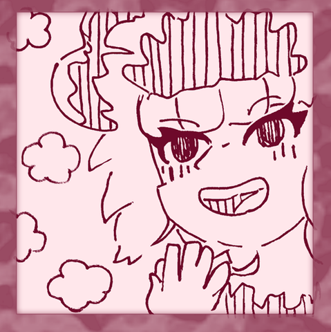 An ink drawing of a Chicken of the Woods mushroom girl, happily looking into the distance.
